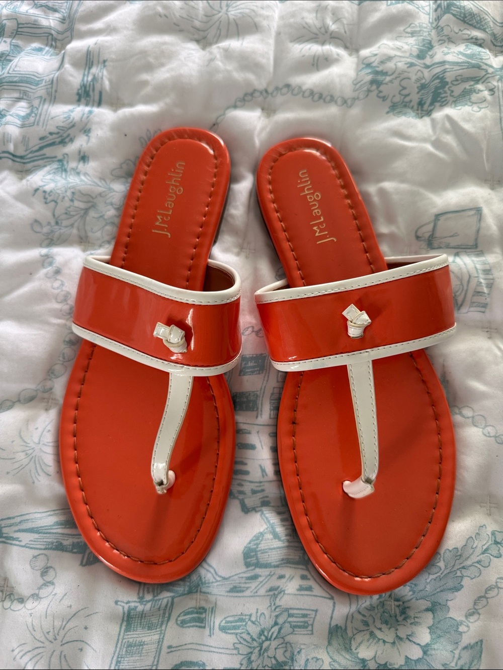 J. McLaughlin Orange Patent Thong Sandals with White Trim